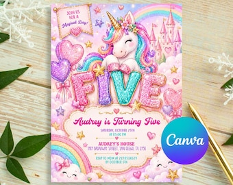 Five Is A Magical Vibe Birthday Invite, Glitter Unicorn Rainbow Sequin Personalized Invite (Digital Download)
