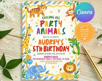 Safari Party Animals Birthday Invite, Editable Canva Template (Digital Download)