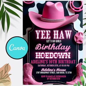 Cowgirl Birthday Invitation, Nashville Party, Pink Cowgirl Party Invite, Space Cowgirl Birthday, Disco Rodeo Invite, Editable Canva Template