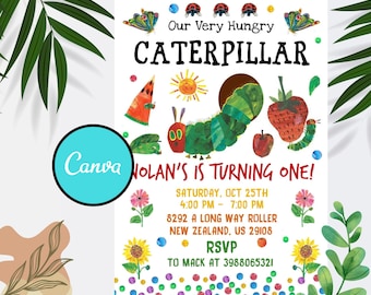 May include: A vibrant invitation for a first birthday, themed around "The Very Hungry Caterpillar." It showcases a green caterpillar, various fruits, and the text "Nolan's is turning one!" along with the party details.