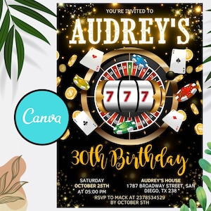 Editable Casino Birthday Invitation, Casino Theme Birthday Invitation, Casino Poker Engagement Birthday Party Invitation, Canva Template