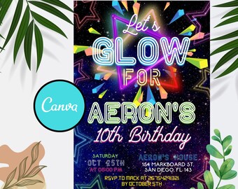Puede incluir: Invitación a una fiesta de cumpleaños con temática de brillo en la oscuridad con fondo negro y estrellas de colores. El texto dice "Let's Glow for Aeron's 10th Birthday".