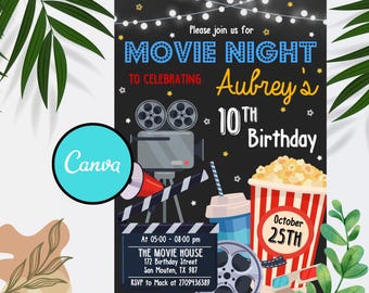 Faire-part d'anniversaire pour une soirée cinéma : modèle de toile modifiable (téléchargement instantané)