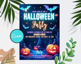 Editable Neon Halloween Birthday Invitation, Halloween Invitation Kids Halloween Birthday Halloween Spooky Party Invite, Neon Glow Halloween