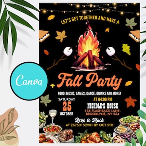 Editable Fall Party Invitation: Bonfire, Harvest Festival (Canva Template)