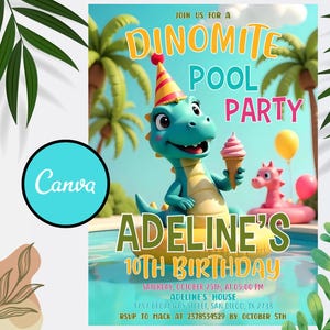 Dinosaur Pool Party Invitation Template (Digital Download)