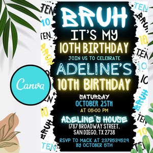 Convite de aniversário editável para irmão, convite para o meu aniversário, aniversário de adolescente, convite para festa de menino adolescente, convite neon, download instantâneo