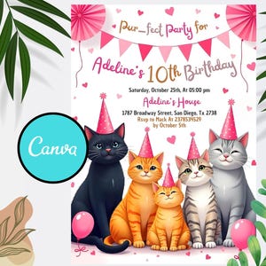 Editable Cat Birthday Invitation, Cat Theme Birthday Invitation, Are You Kitten Me Birthday, Paw-ty Birthday Invite, Rainbow, Digital