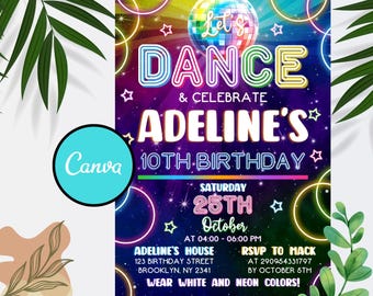 Neon Dance Party Invitation: Glow Birthday Invite (Instant Download, Canva Template)