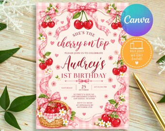 Cherry Birthday Invitation, Cherry Coquette Pink Bow Invite, She's the Cherry on Top Invitation (Digital Download)