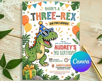 Invitación de cumpleaños número 3 con temática de dinosaurios T-Rex, invitación para fiesta en la jungla con gorro de fiesta T-Rex, plantilla editable de Canva para niños (descarga digital)