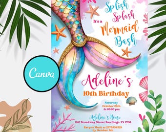 Mermaid Birthday Invitation: Under the Sea Party, Editable Canva (Digital Download