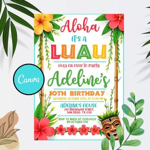 Luau Birthday Party Invitation, Aloha Luau Invitation, Luau Invitation Hawaiian Birthday Invitation, Editable Luau Hawaiian Invitation