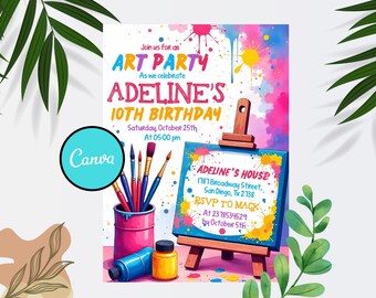 May include: Vibrant art party invitation featuring the text "ART PARTY" and "ADELINE'S 10TH BIRTHDAY". The design includes paintbrushes, paint, and an easel with address and RSVP details. The Canva logo is present.