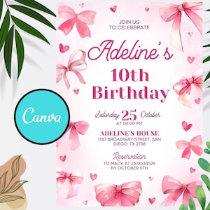 Pink Bow Invitation, Coquette Birthday Girl Invite, Digital Download for Girl Birthday Party, Editable Pink Bow, Canva Template