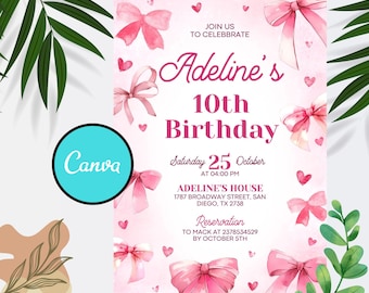 Pink Bow Birthday Invitation: Editable Canva Template (Digital Download)