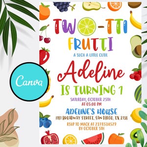 Two-tti Frutti Birthday Invitation, Editable Two-tti Frutti Invitation, 2nd Birthday Girl Invitation, 5x7 Invites, Editable Canva Template