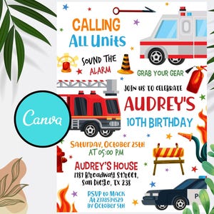 Emergency Vehicles Birthday Invitation, First Responders Party, Police Officer, Firefighter Boy Invite, Calling All Units, Instant Download
