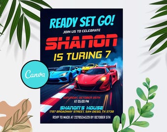 Invito di compleanno a tema auto da corsa, festa a tema auto da corsa, festa di corse, invito a tema auto da corsa sportiva, invito per ragazzi, compleanno a tema auto, modello Canva modificabile