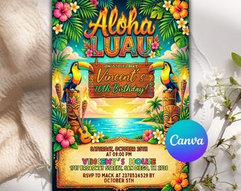 Convite de aniversário com tema havaiano, Convite de aniversário tropical, Convite de aniversário com tema havaiano, Convite havaiano, Convite para festa havaiana, Canva editável