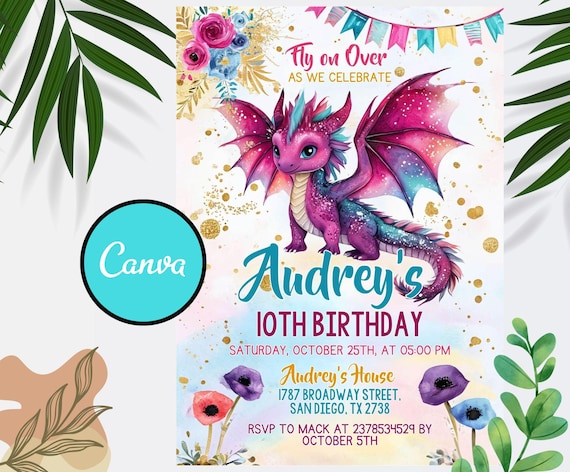 Editable Purple Dragon Invitation, Girl Dragon Birthday Party Invitation, Dragon Invitation, Purple Dragon, Instant Download