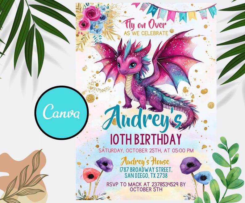 Editable Purple Dragon Invitation, Girl Dragon Birthday Party Invitation, Dragon Invitation, Purple Dragon, Instant Download