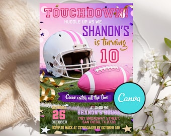 May include: A birthday party invitation with a football theme, featuring a white and pink helmet and a pink football. The invitation includes the text "TOUCHDOWN!" and "SHANON'S is turning 10". The date is October 25th.