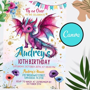 Editable Purple Dragon Invitation, Girl Dragon Birthday Party Invitation, Dragon Invitation, Purple Dragon, Instant Download