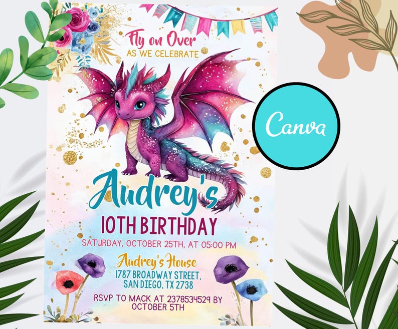 Editable Purple Dragon Invitation, Girl Dragon Birthday Party Invitation, Dragon Invitation, Purple Dragon, Instant Download