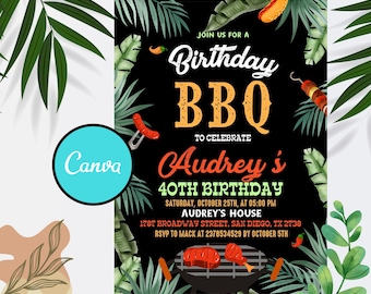 BBQ Birthday Invitation, Barbecue Red Gingham Backyard Party Template, Barbecue Grill Invite, Instant Download