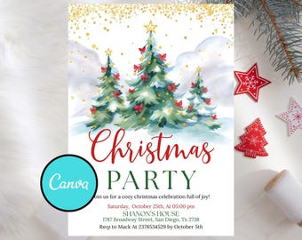 Op de afbeelding: Een kerstfeestuitnodiging met aquarel illustraties van versierde kerstbomen met rode strikken en gouden sterren. De uitnodiging bevat de tekst "Christmas PARTY" in rood en groen, samen met evenementdetails en een Canva logo.