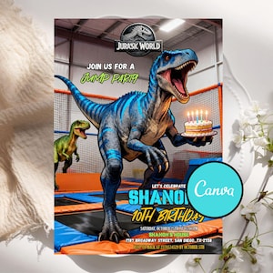 May include: A birthday party invitation featuring a blue dinosaur holding a cake with lit candles. The invitation includes the text "Join us for a Jump Party" and details for a 10th birthday celebration.