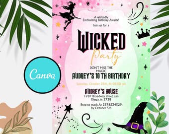 Wicked Birthday Party Invitation: Pink & Green Movie Ticket (Editable Canva Template)