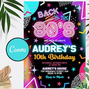 Invitación editable para fiesta de cumpleaños de los 80, regreso a los 80, rebobinado retro neón de los 90, invitación para baile disco de los 30 y 40 años, tema de los 80, invitación digital