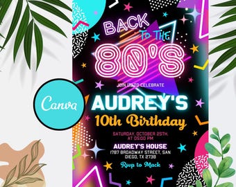 Könnte beinhalten: Eine neonrosa, blaue und gelbe Einladung zu einer Geburtstagsfeier im 80er-Jahre-Stil mit dem Text "Zurück in die 80er" und "Audrey's 10th Birthday".