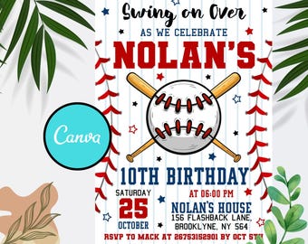 Puede incluir: Invitación de cumpleaños con temática de béisbol en colores rojo, blanco y azul. La invitación dice "Swing on Over as we celebrate Nolan's 10th Birthday". Incluye una pelota de béisbol, bates y un fondo a rayas rojo, blanco y azul.