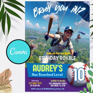 Bearbeitbare Baseball-Geburtstagseinladung, Bruh You In-Einladung, Gamer-Geburtstagsfeier einladen, Videospiel-Evite, digitale Vorlage