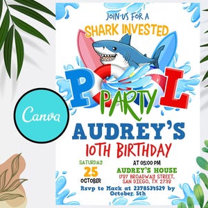 Shark Pool Party Birthday Invitation, Shark Birthday Invitation, Shark Invitation, Pool Party Invitation, Digital Printable