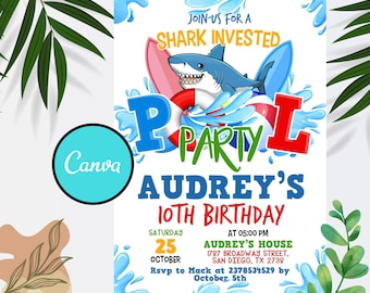 May include: A colorful invitation for a pool party with a shark graphic and the text "Join us for a Shark Invested Pool Party Audrey's 10th Birthday" with details about the party date, time, and location.