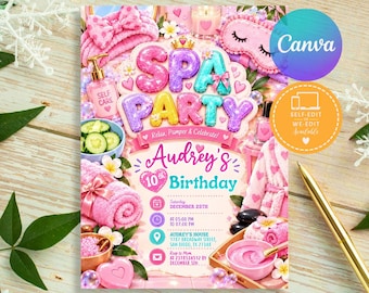 Spa Party Birthday Invitation, Pink Spa Birthday Invite, Pamper Party Invitation, Sleepover Birthday Canva Template