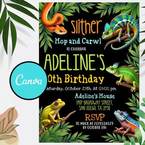 Modèle modifiable d'invitation d'anniversaire de reptile, invitation de partie de reptile, invitation de serpent, modèle d'anniversaire numérique, téléchargement immédiat
