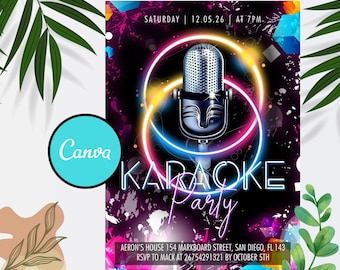 Puede incluir: Una invitación a una fiesta de karaoke con luces de neón rosa, azul y amarilla y un micrófono en el centro. El texto dice "Karaoke Party" e incluye la fecha, la hora y la ubicación. RSVP antes del 5 de octubre.