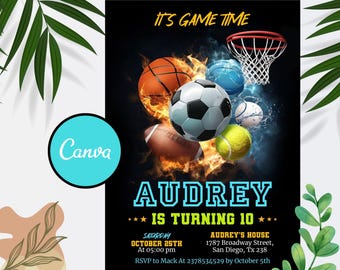 May include: A black and blue birthday invitation with a basketball, soccer ball, baseball, and tennis ball on fire. The text reads "It's Game Time" and "Audrey is turning 10".