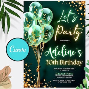 編集可能な「Let's Party」グリーンゴールドグリッターバルーンの華やかな誕生日パーティー招待状、印刷可能な誕生日カード、Canvaテンプレート、すぐにダウンロード