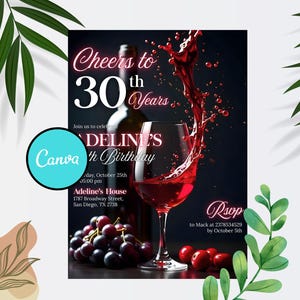 Bearbeitbare Wein-Geburtstags-Party Einladung, Wein-Thema-Geburtstags-Party Einladung, Wein-Party jedes Alter einladen, sofortiger Download