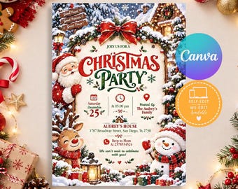 Christmas Party Invitation, Retro Christmas Dinner Invite, Editable Xmas Invitation Template, Vintage Holiday Party Card