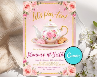 Bewerkbare Tea Party verjaardagsuitnodiging meisje Par-Thee nodigt bloemen roze goud grillige thee Download afdrukbare sjabloon