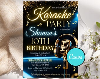 Puede incluir: Invitación a una fiesta de karaoke con fondo negro y dorado. La invitación presenta el texto "Karaoke PARTY" y "10º Cumpleaños de Shanon". Un micrófono y auriculares dorados están en el centro. El logotipo de Canva está en la esquina inferior derecha.