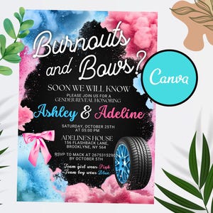 Editable Burnouts or Bows Gender Reveal Baby Shower Invitation, Boy or Girl, He or She Gender Reveal Invite, Burnouts or Bows invitation