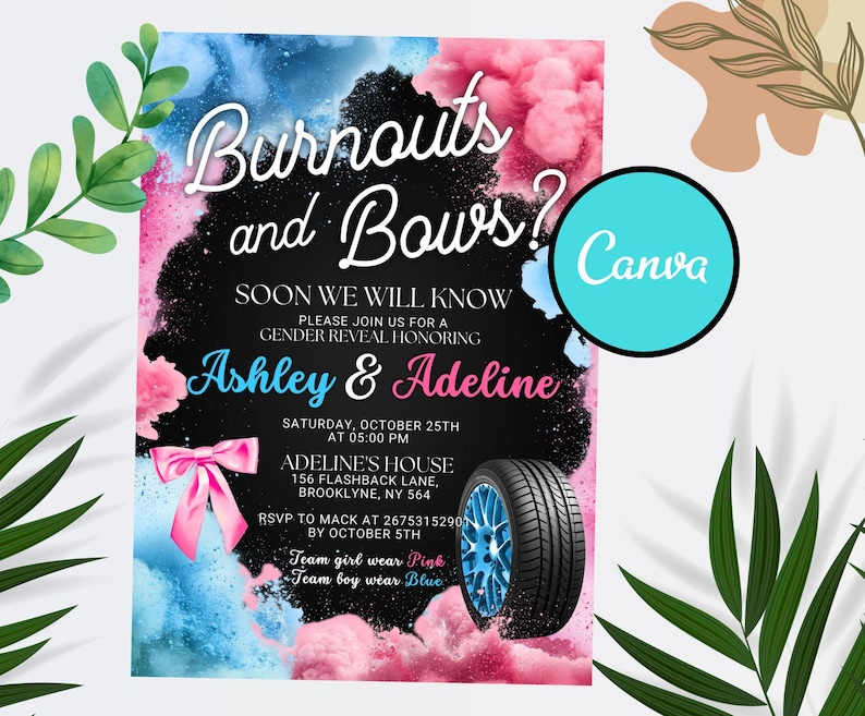 Editable Burnouts or Bows Gender Reveal Baby Shower Invitation, Boy or Girl, He or She Gender Reveal Invite, Burnouts or Bows invitation
